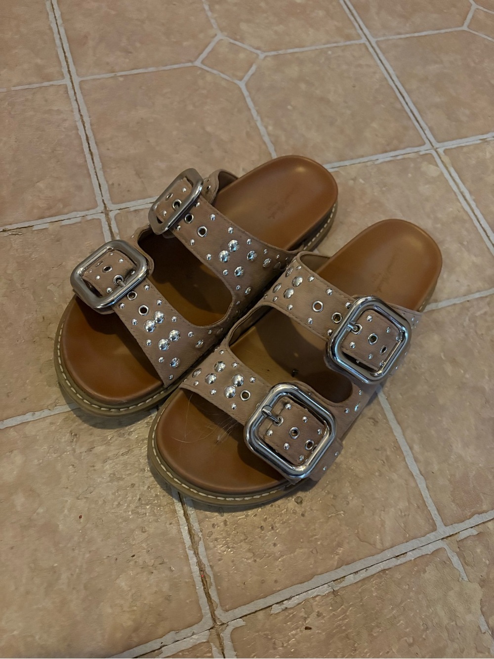 Studded Double-Buckle Kids Sandals in Brown